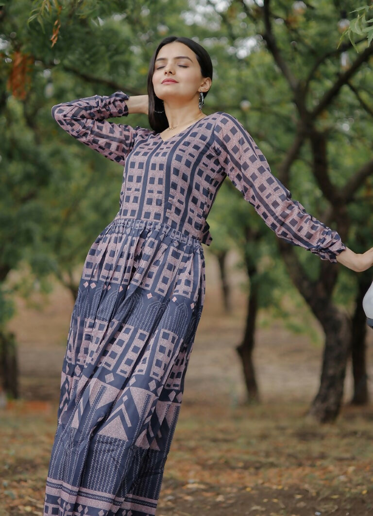 Jyoti Fashion Women's Navy Blue Heavy Digital Printed Pure Chanderi Anarkali Dress