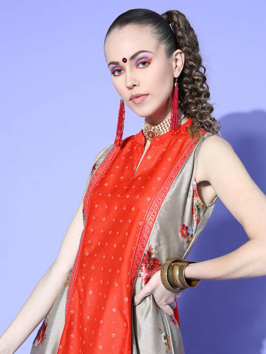 Ahalyaa Women Beige Colour Chanderi Digital Printed Kurta Palazzo Set