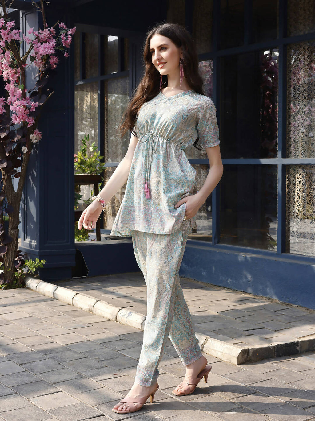 Sky Blue Rayon Paisley & Floral Printed Top with Matching Bottom - Eesha