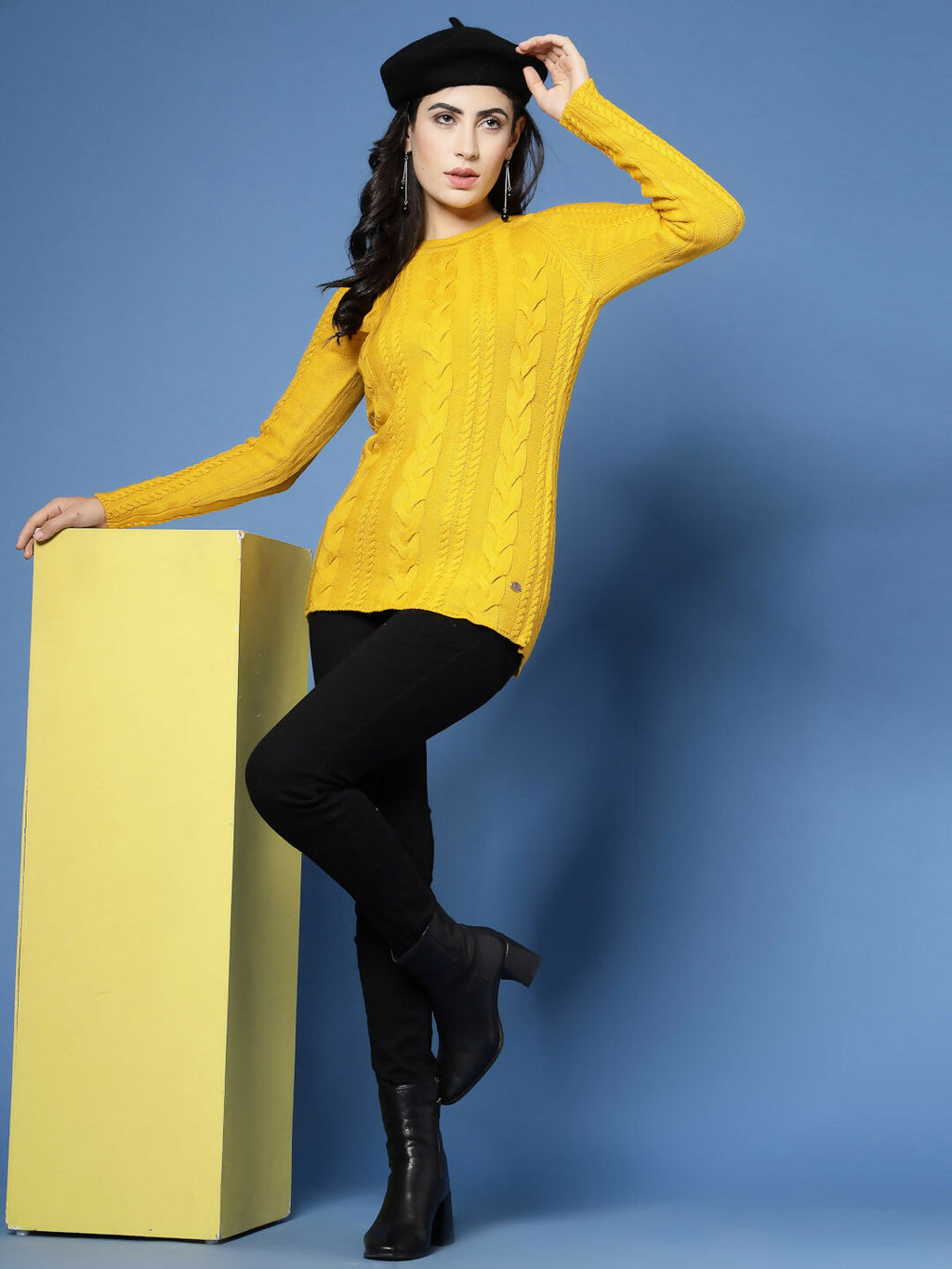 Women Mustard Acrylic Self Design Winter Dress - Wool Trees
