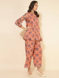 Janasya Women's Peach Chiffon Lurex Floral Printed Festive Regular Co-ords
