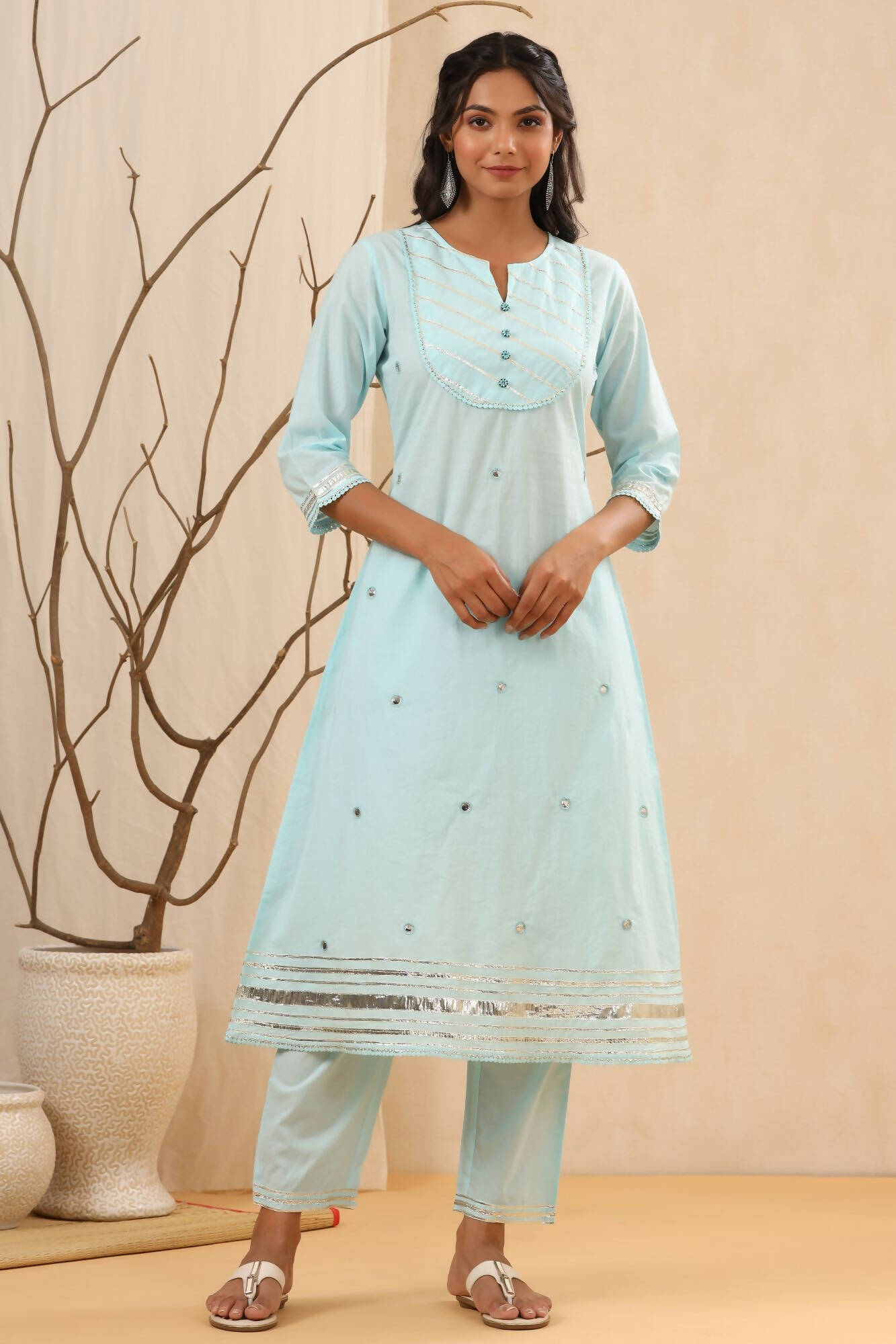 Juniper Women Skyblue Cambric Gotta Work Straight Kurta Sets