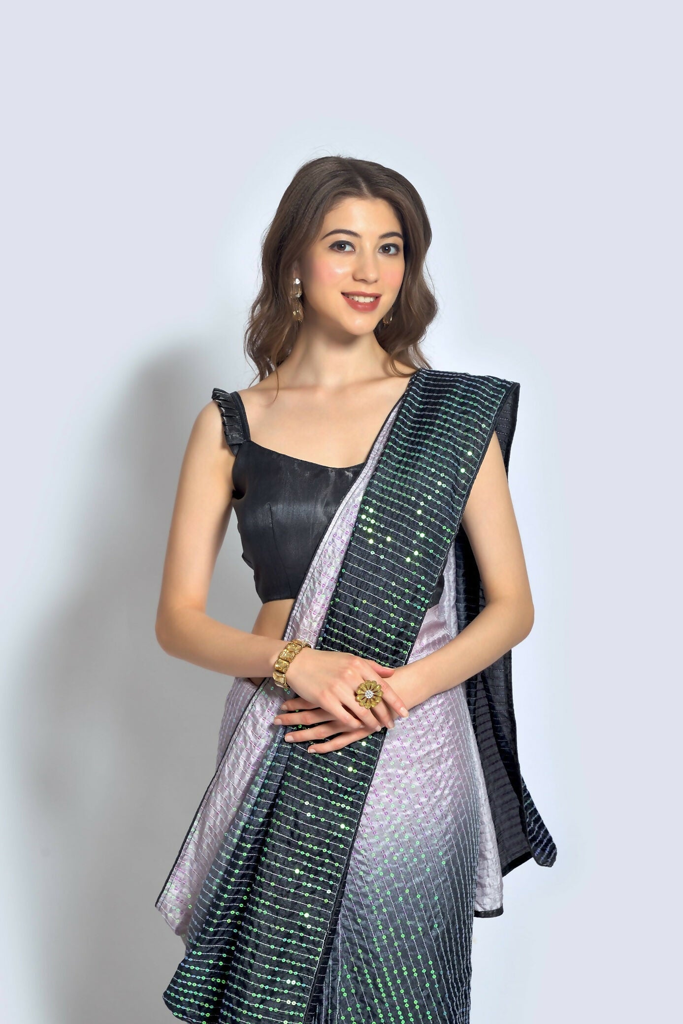 Vegaa Fashion Grey Vichitra Silk Embroidered Party Wear Saree