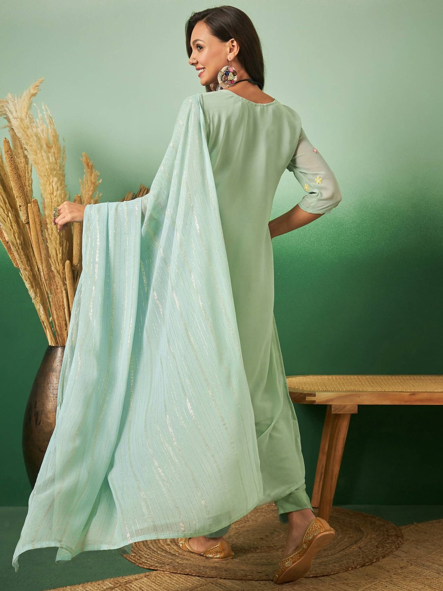 Aqua Blue Georgette Handwork Unstitched Dress Material - Hanika
