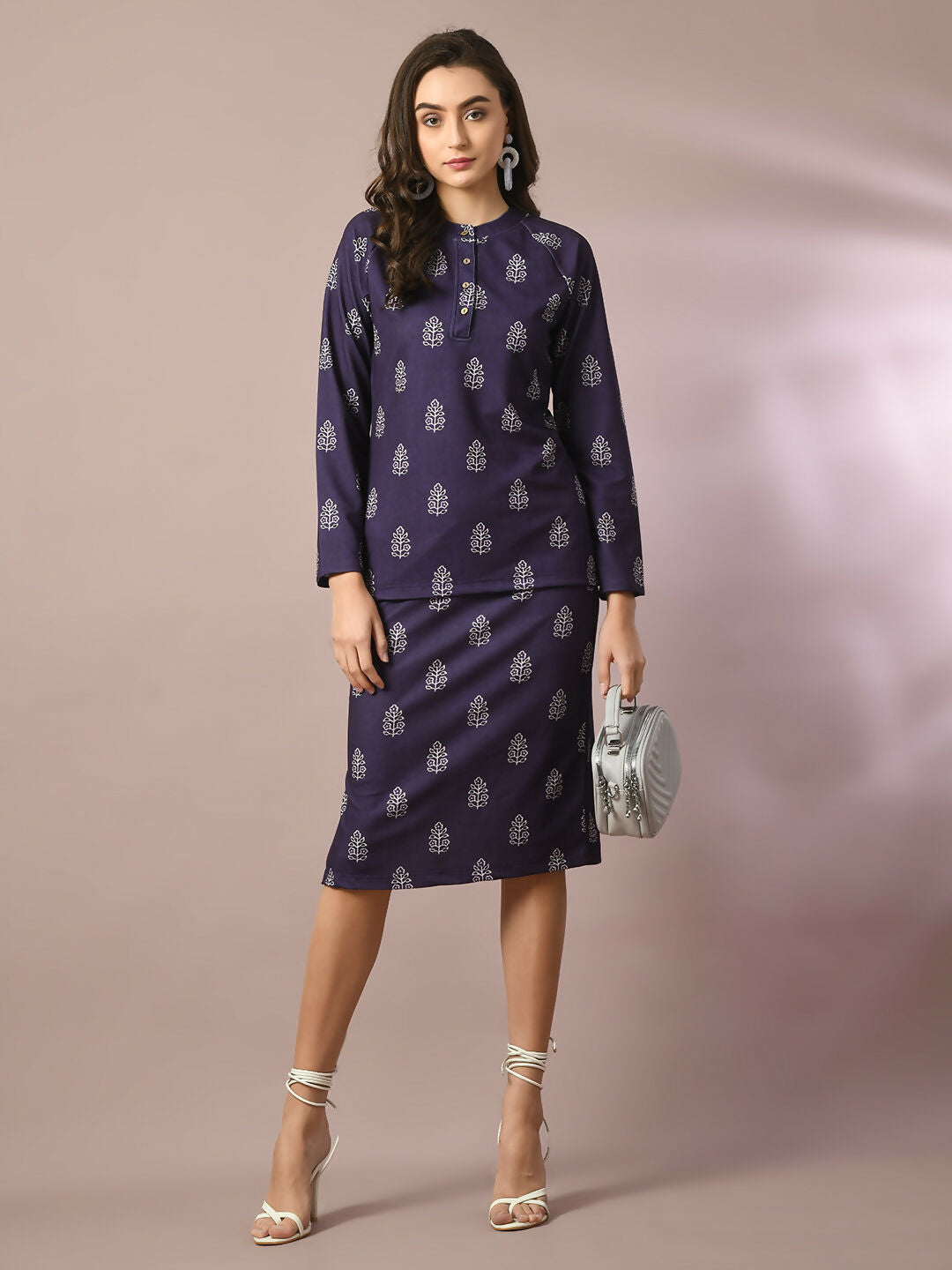 Myshka Women's Navy Blue Printed Round Neck Party Top With Skirt Co-ord set