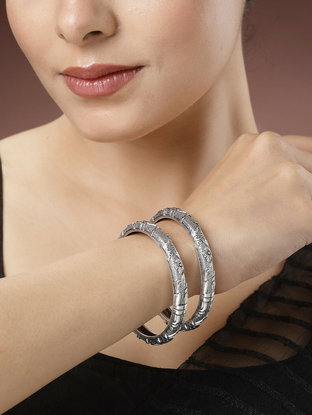 NVR Women's Silver-Toned German Silver Floral Oxidised Kada Bangle