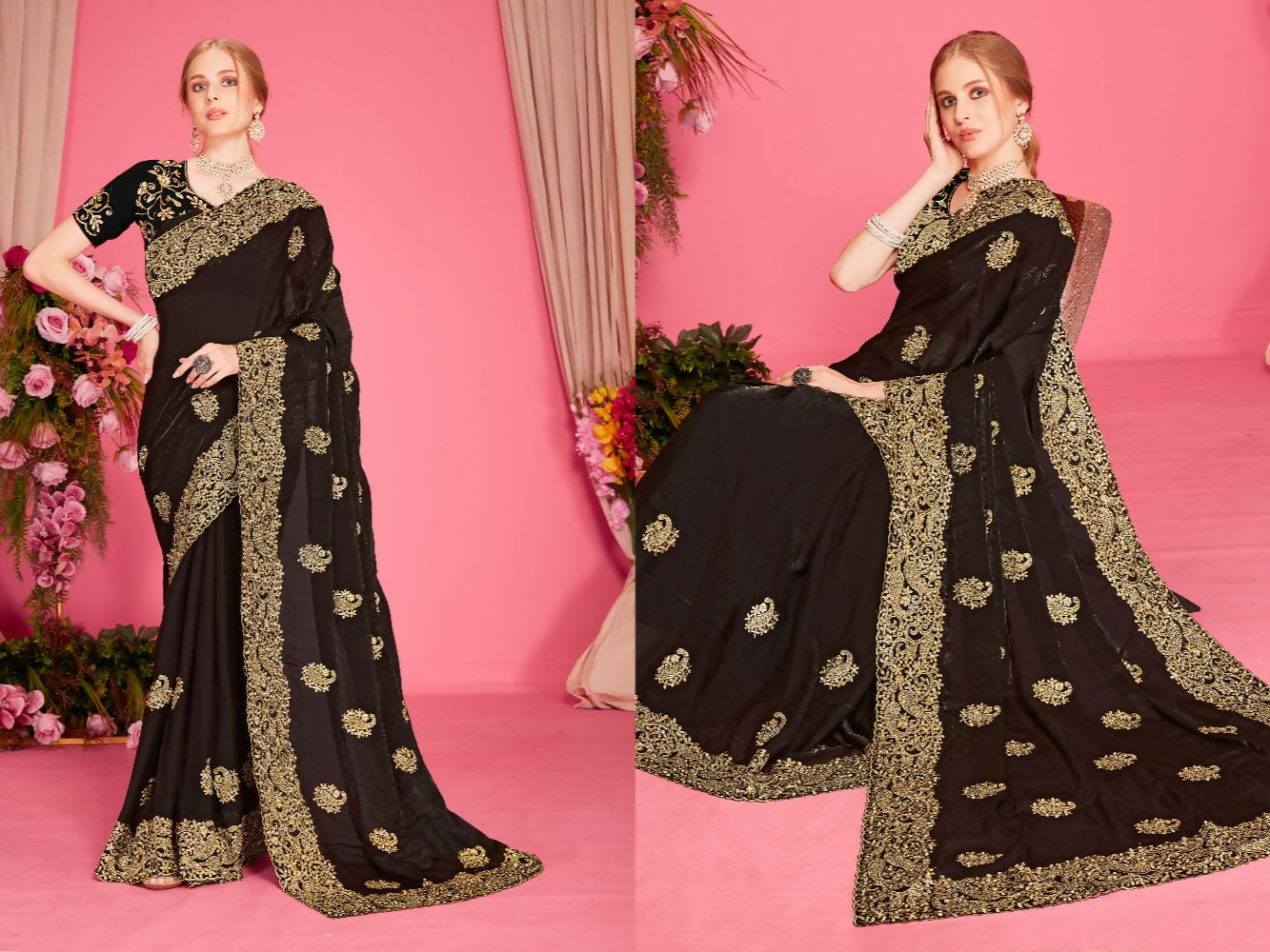 PR Fashion Black Fendi Two Tone Silk Heavy Zari Embroidery Work With Heavy Zircon Work Saree