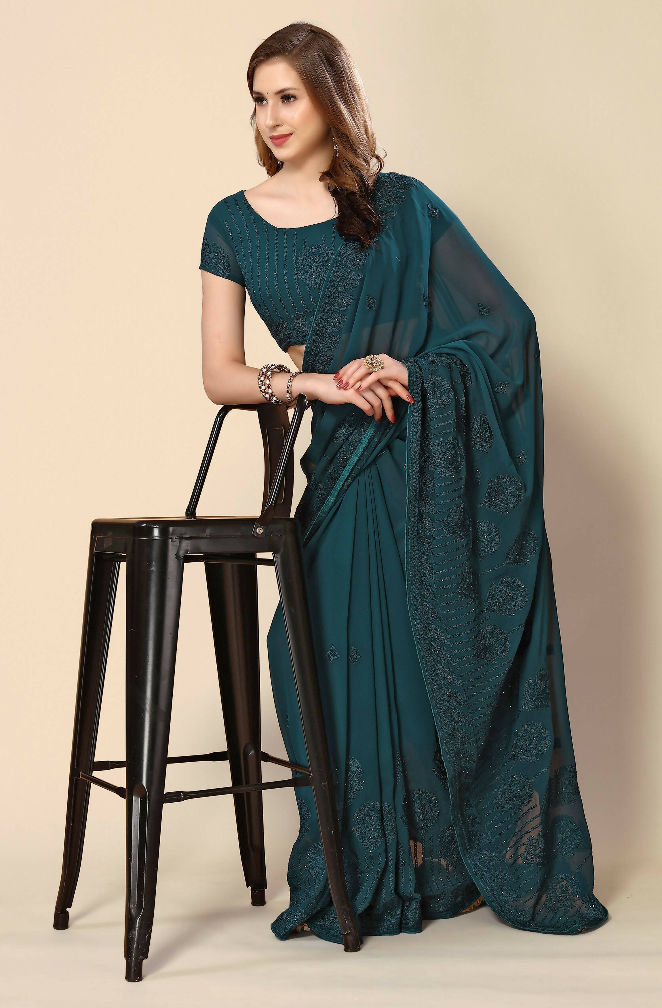 Teal Georgette Embroidered and Stone Work Saree with Unstitched Blouse Piece - Roozal