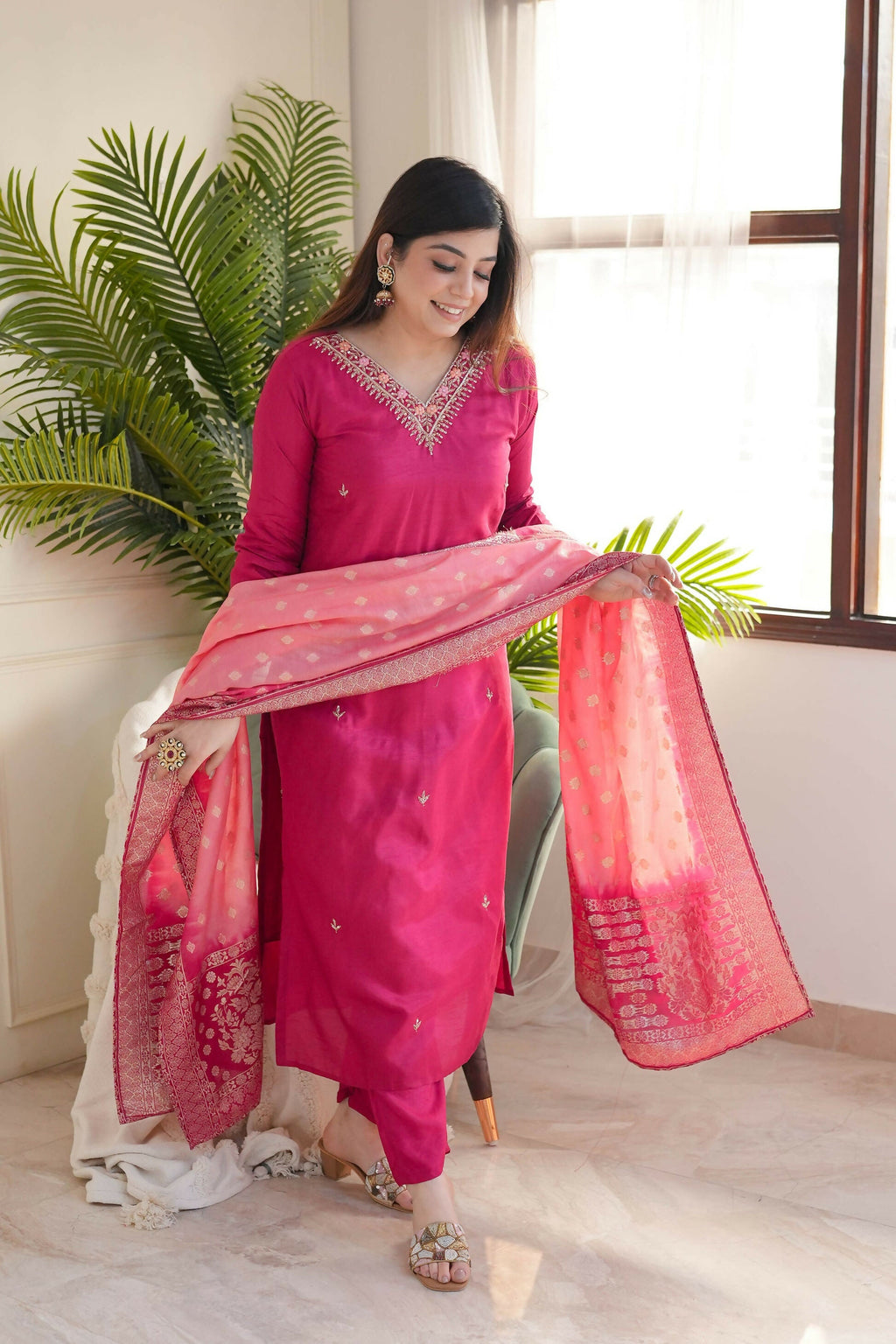 The52 Pink Women's Gorgeous Embroidered Vichitra Fabric Straight Kurta Pant with Dupatta Set
