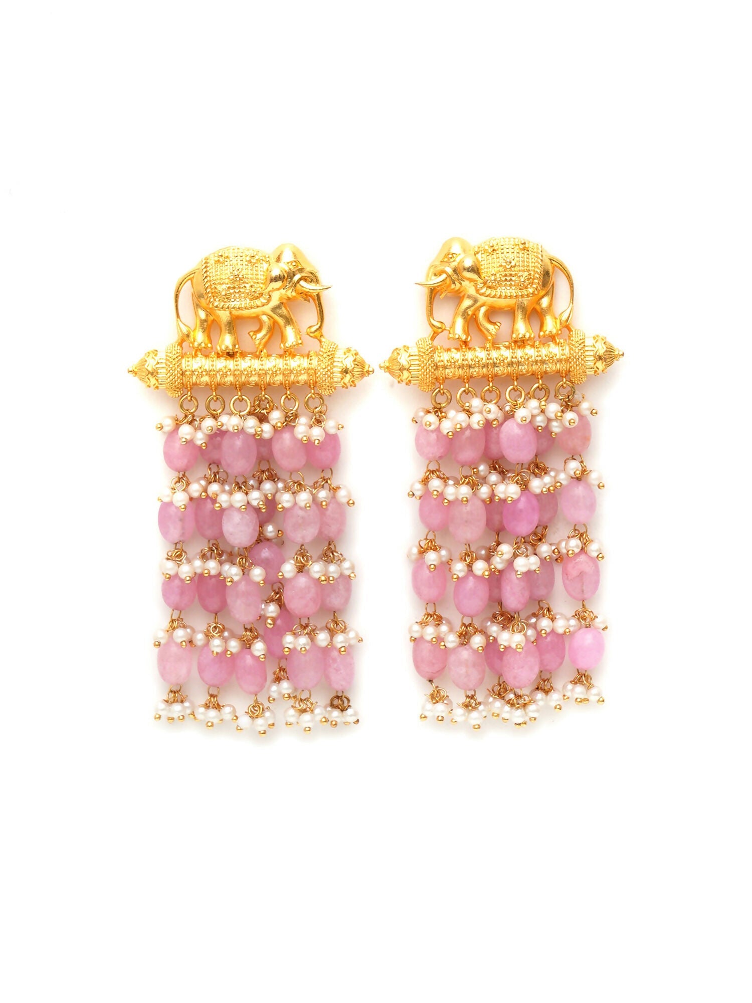 Long Layered Earrings with Elephant Motifs (Pink) - Ruby Raang