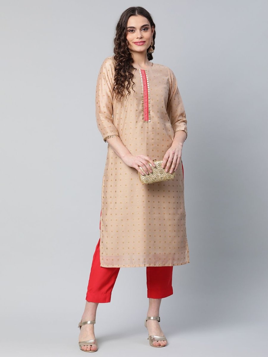 Ahalyaa Women Beige Colour Chanderi Printed Kurta Pant Set