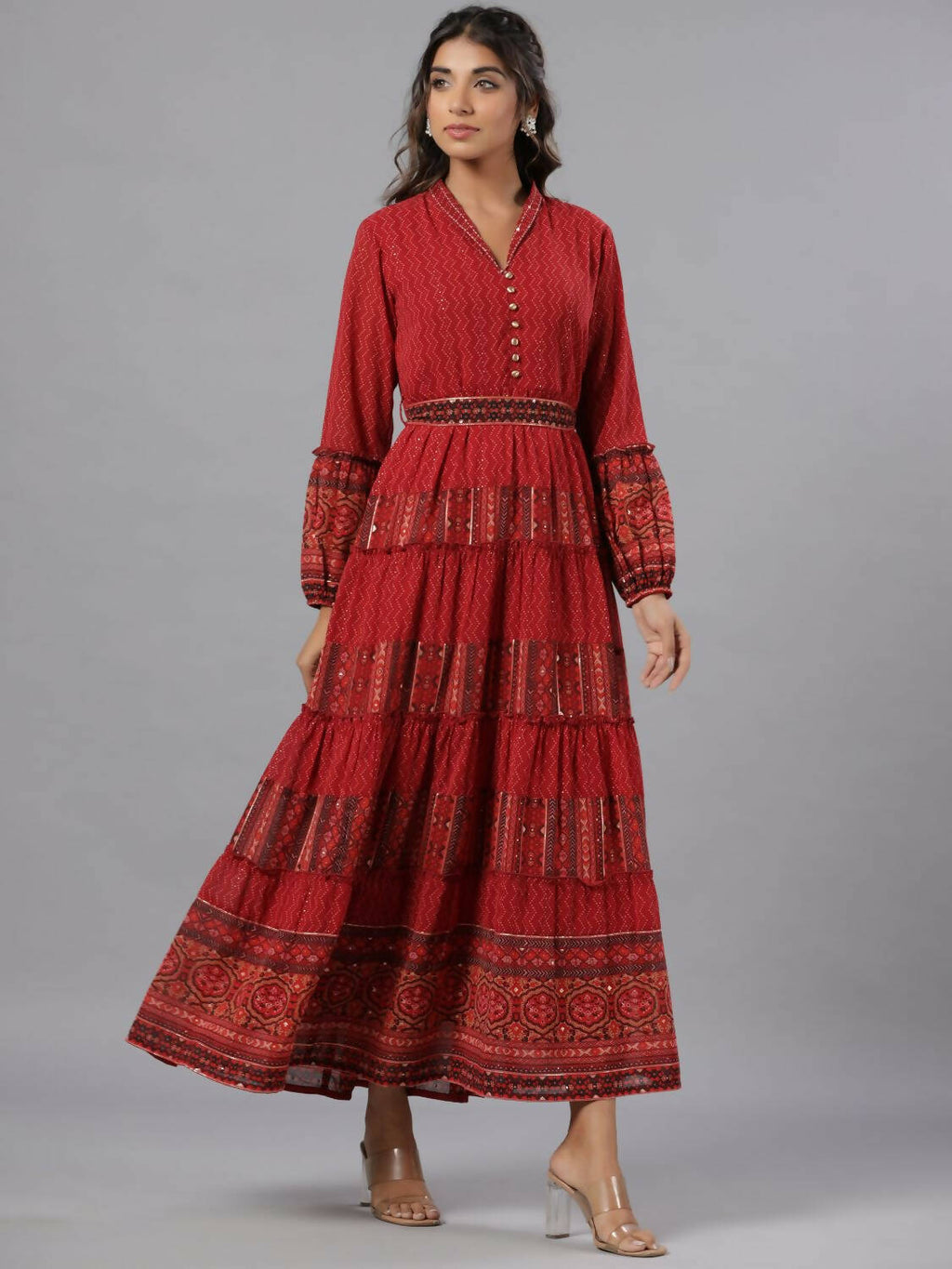 Juniper Women Rust Georgette Printed Tiered Maxi Dress