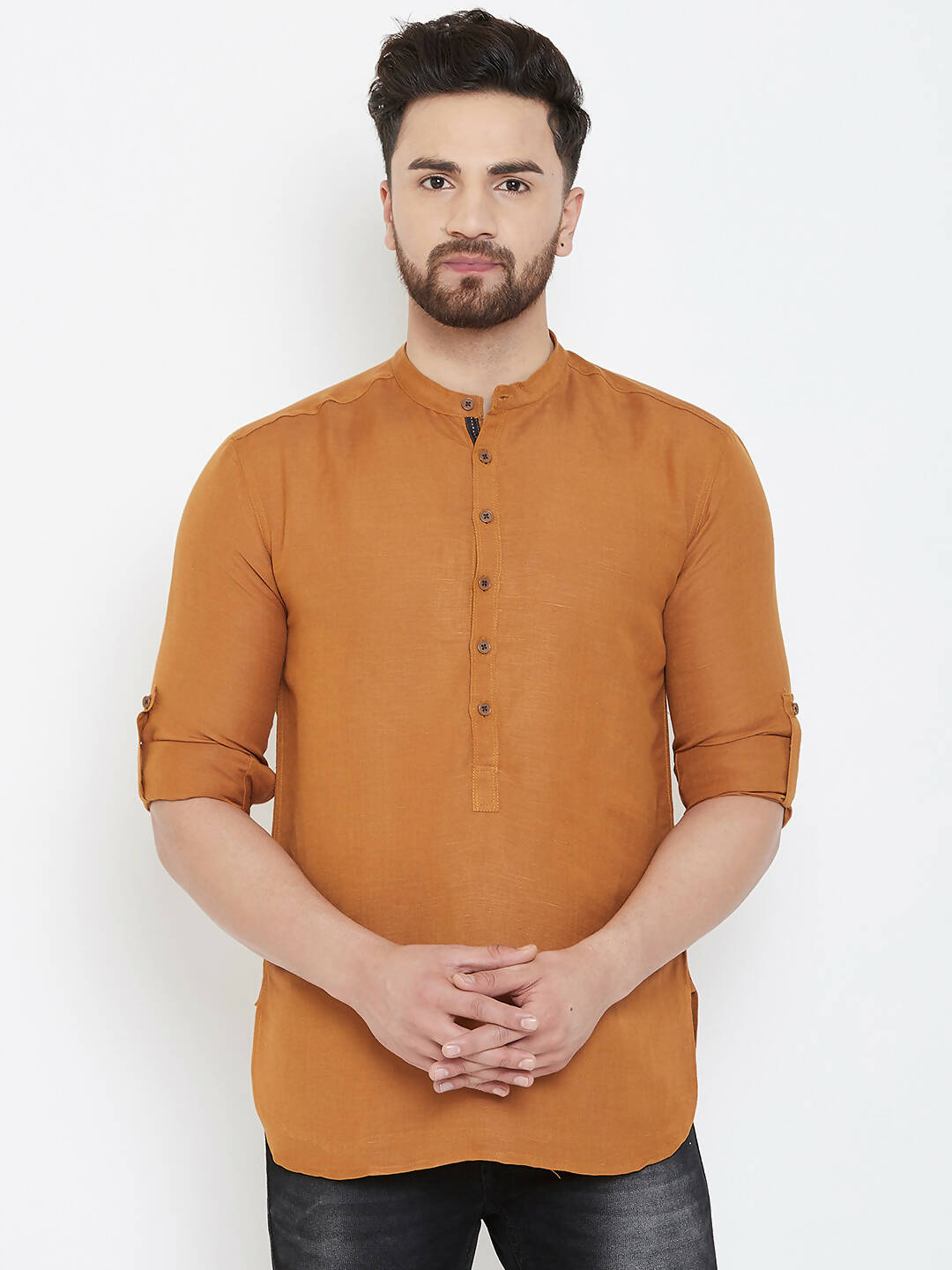 Even Apparels Brown Linen Men's Kurta With Band Collar