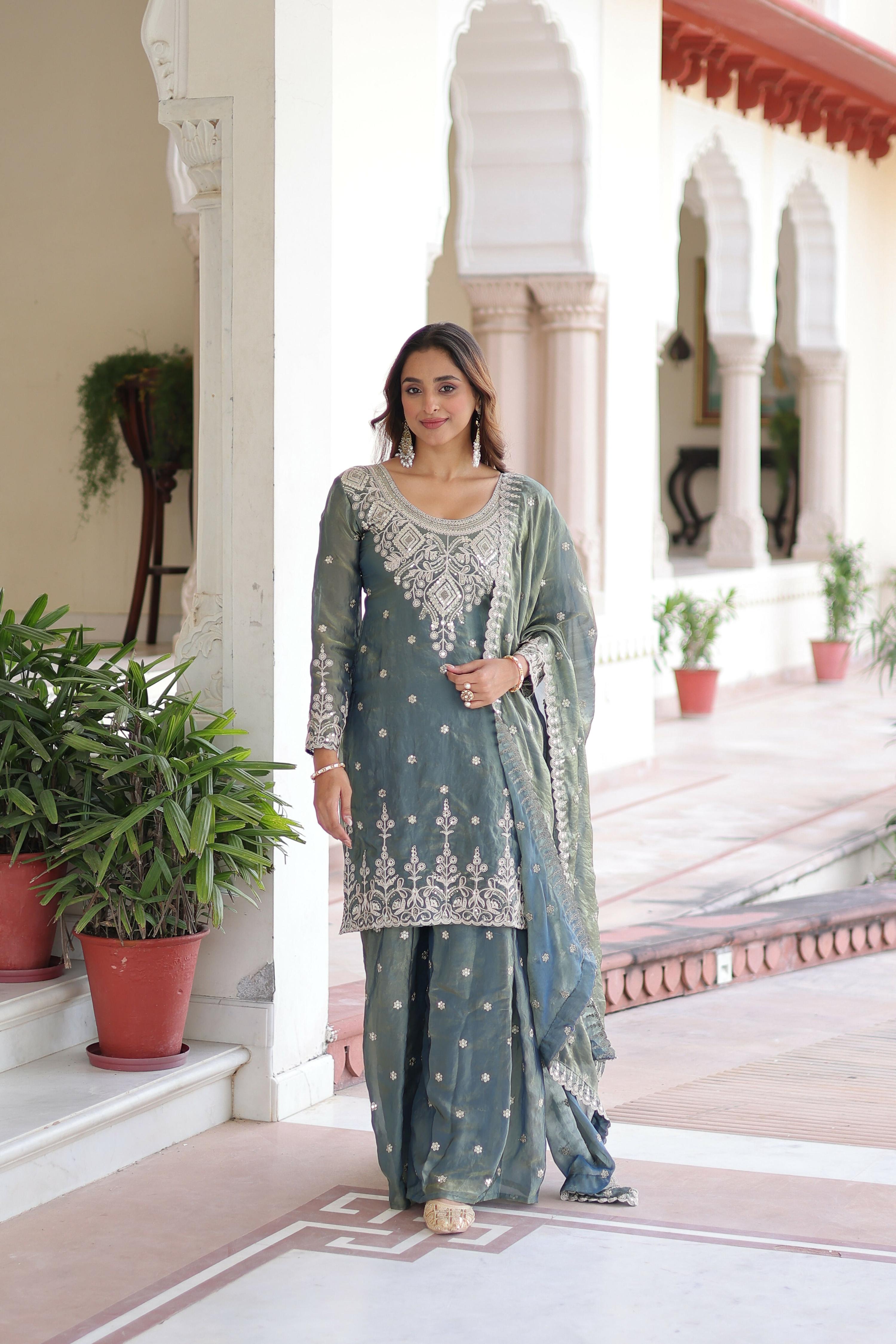 Joban Fashion Grey Readymade Kurta Set With Sequence embroidery Work