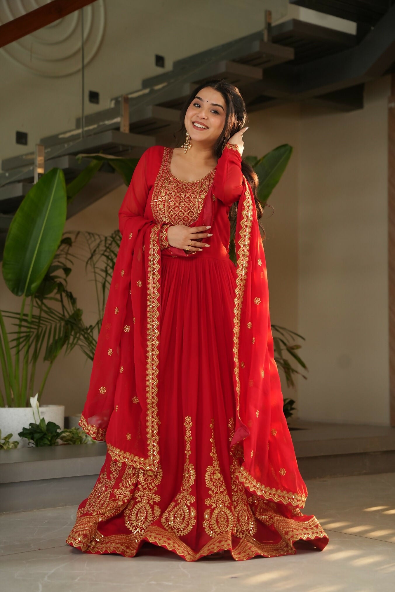 Joban Fashion Red Georgette Sequence Embroidery Work Kurta Set