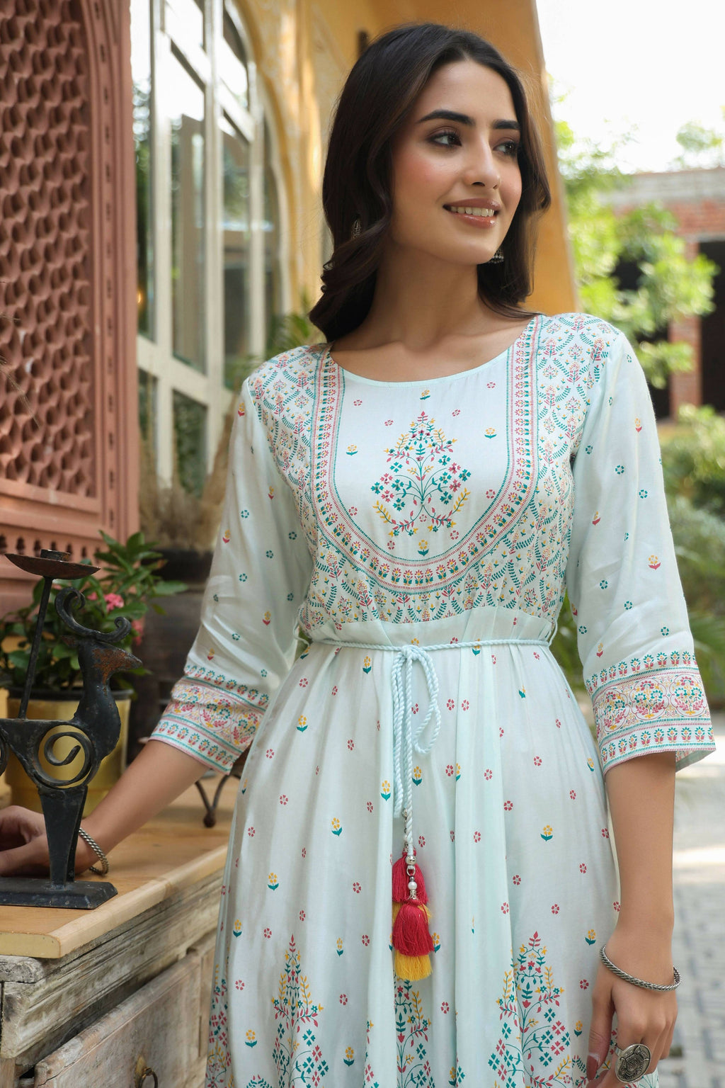 Juniper Women's Skyblue Viscose Shantoon Festive Printed Flared Dress