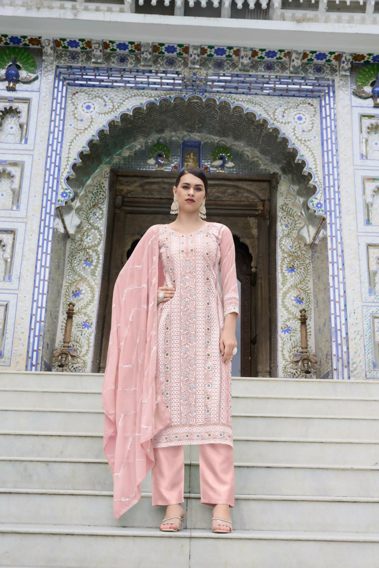 Jyoti Fashion Women's Pink Faux Georgette Heavy Embroidery and Moti Work Kurta Set