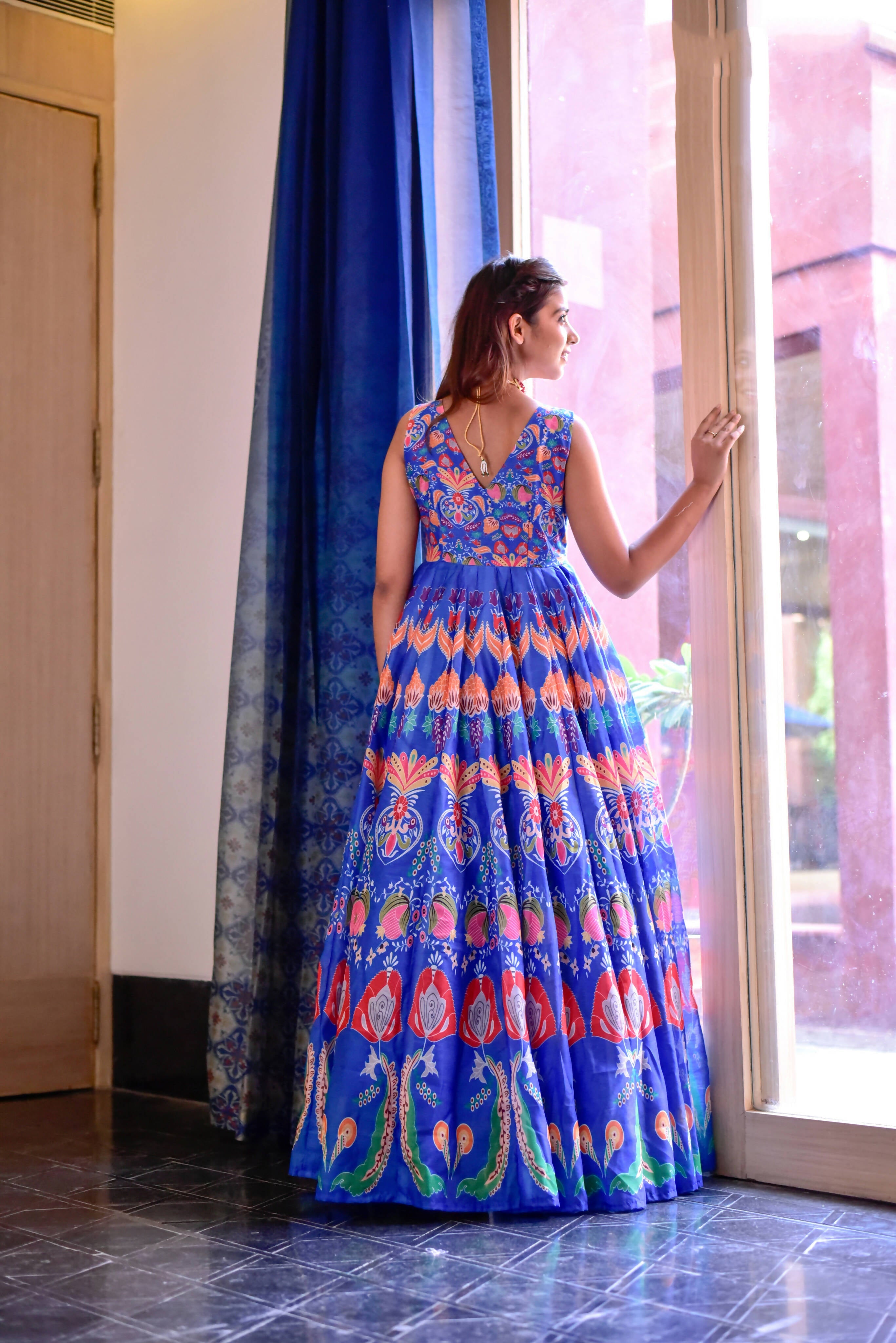 Casual Designer Blue Cotton Silk Gown - Anbazaar