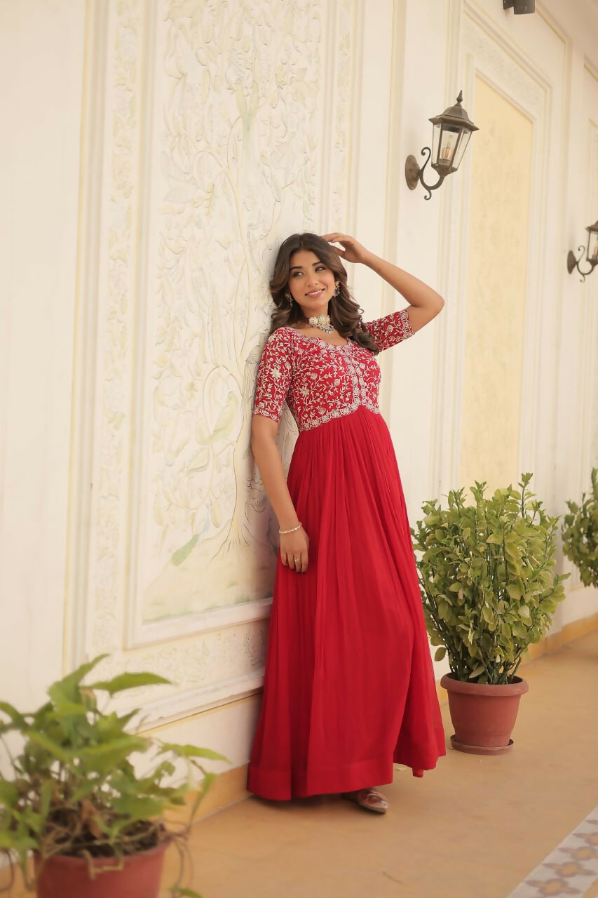 Vastranavya Faux Blooming with Embroidery Zari Sequins-work Gown - Red