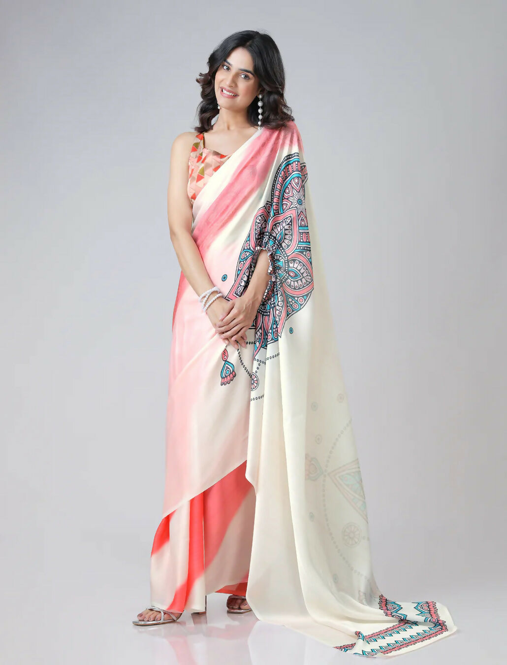 Vastranavya Coral Off White Freehand Mandalaa Print Ready to Wear Saree