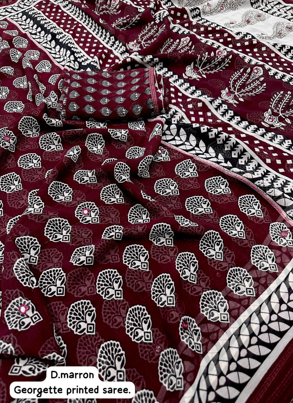 Maroon Poly Georgette Ajrak Saree with Unstitched Blouse - A2M