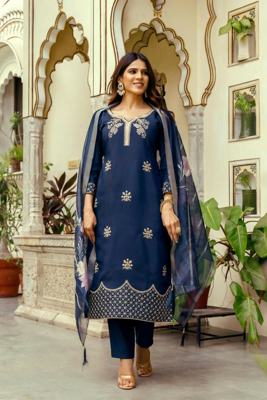 The52 Navy Blue Women's Beautiful Viscose Chanderi Fabric Thread Work Straight Kurta Pant and Dupatta Set