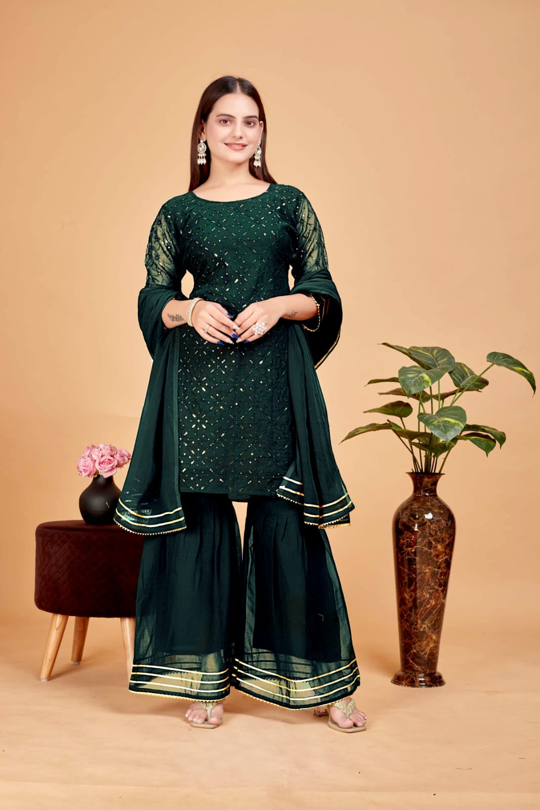 Women's A-Line Green Kurta and Sharara With Dupatta Set - A2M