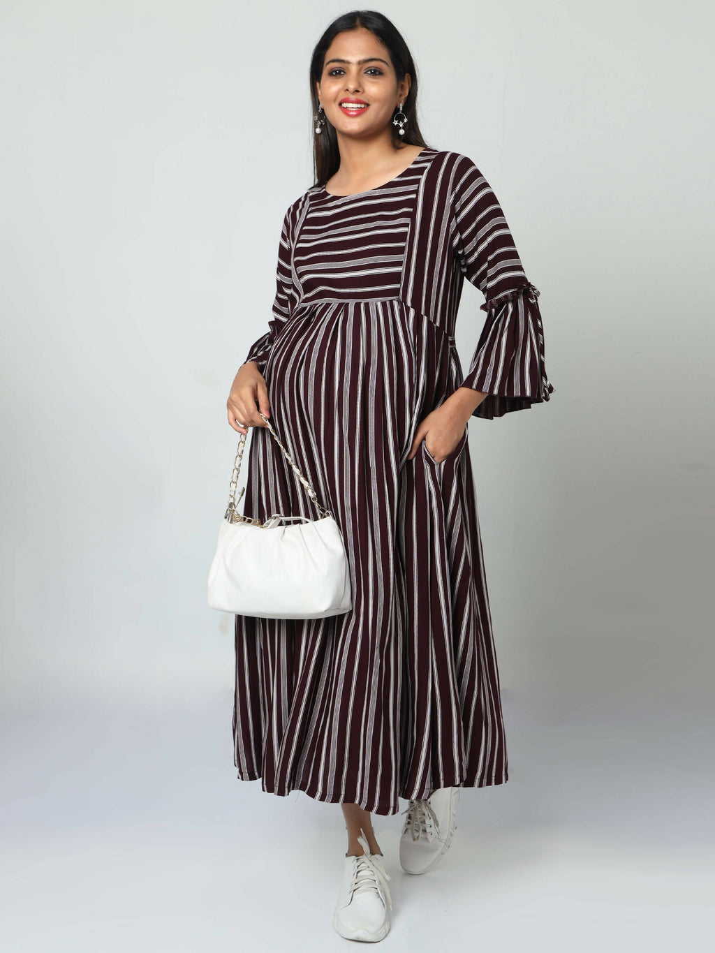 Manet Three Fourth Maternity Dress Striped With Concealed Zipper Nursing Access - Brown