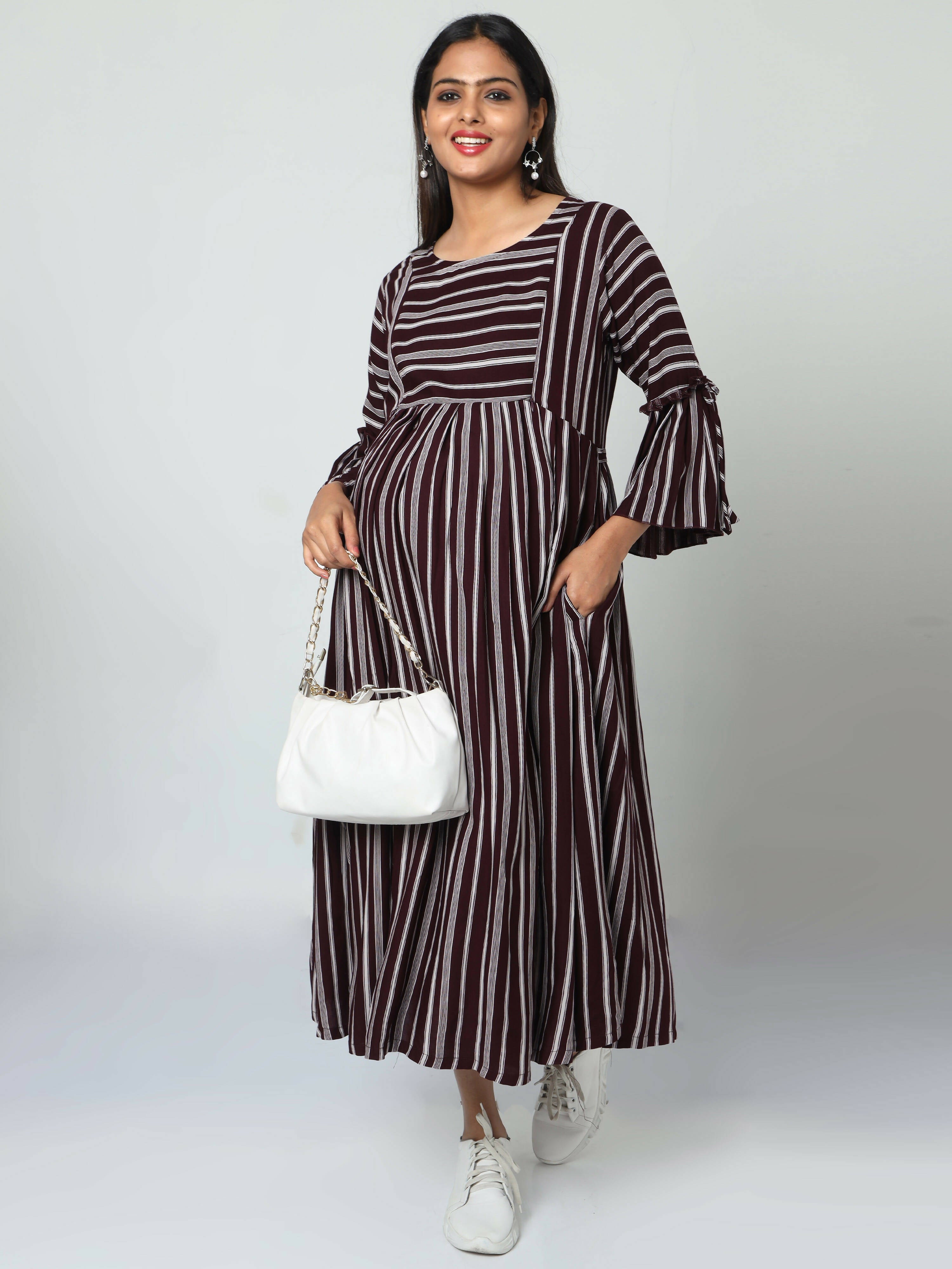 Manet Three Fourth Maternity Dress Striped With Concealed Zipper Nursing Access - Brown