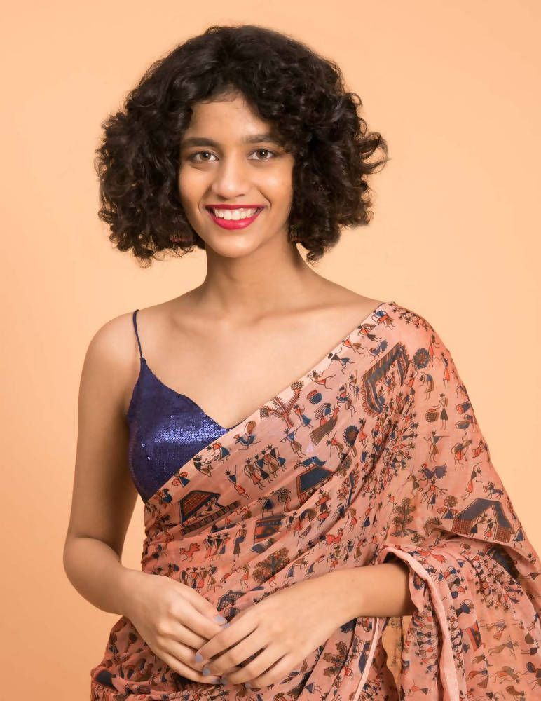 Suta Peach Blue Warli Printed Pure Cotton Saree