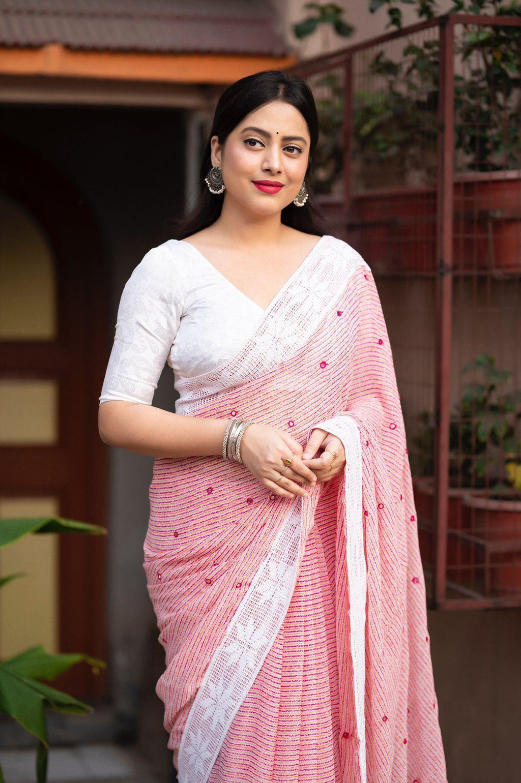 Pink Poly Georgette Ethnic Motifs Saree with Unstitched Blouse - A2M