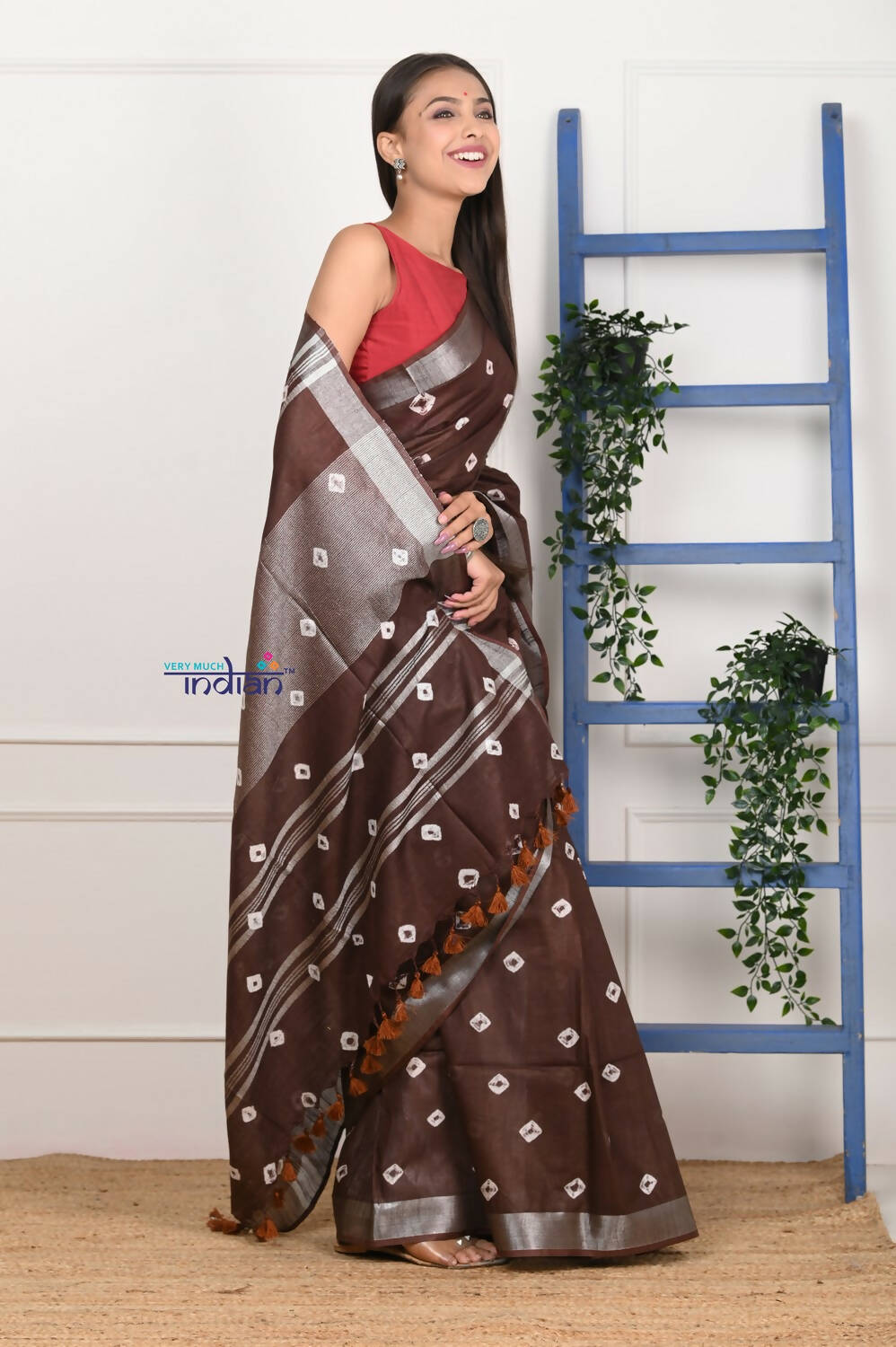Very Much Indian Handmade Tie And Dye Cotton Saree By Women Weavers - Brown