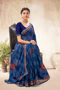 Blue Georgette Bandhni Printed Saree With Unstitched Blouse Piece - Shanaya