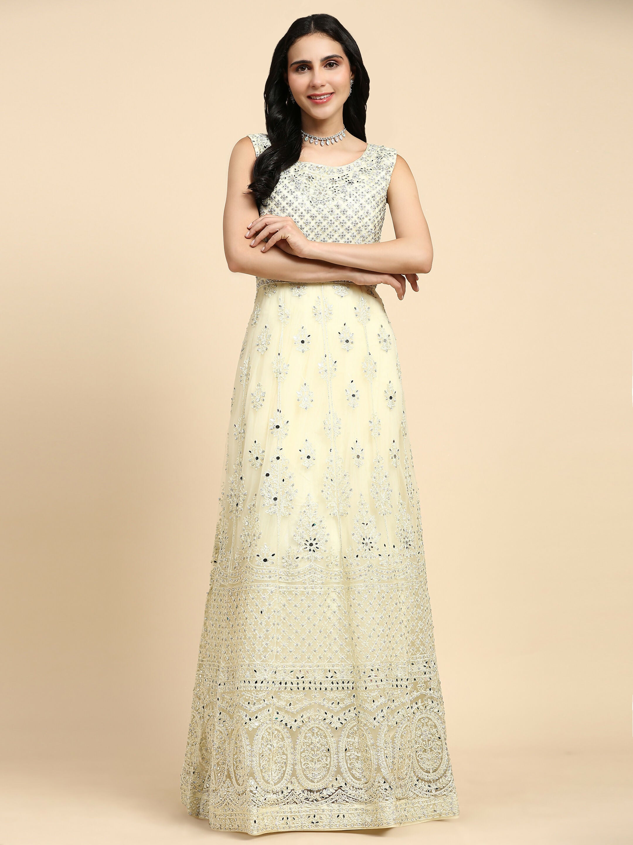 Yellow Net Hand Embroidered Gown - Rudrani