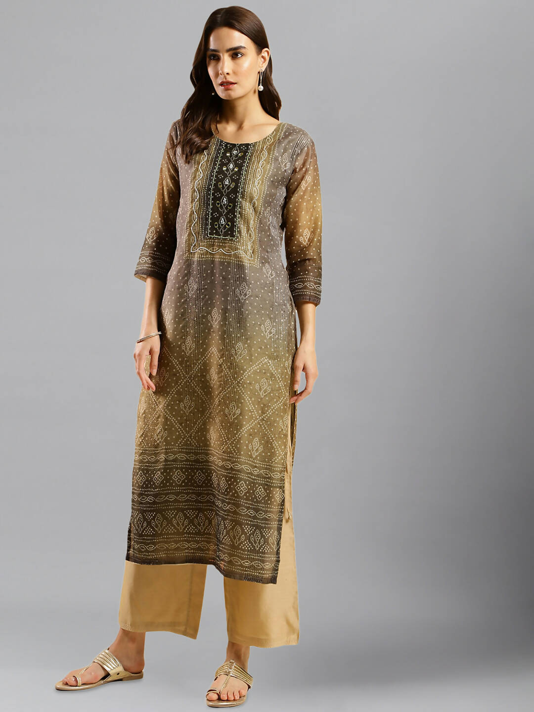 Brown Chinon Digital Printed With Hand Work Kurta - Himanshi