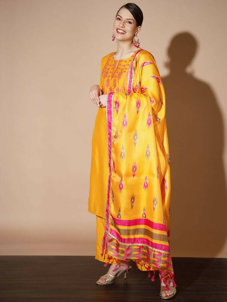 Myshka Women Mustard Solid Kurta & Palazzos With Dupatta
