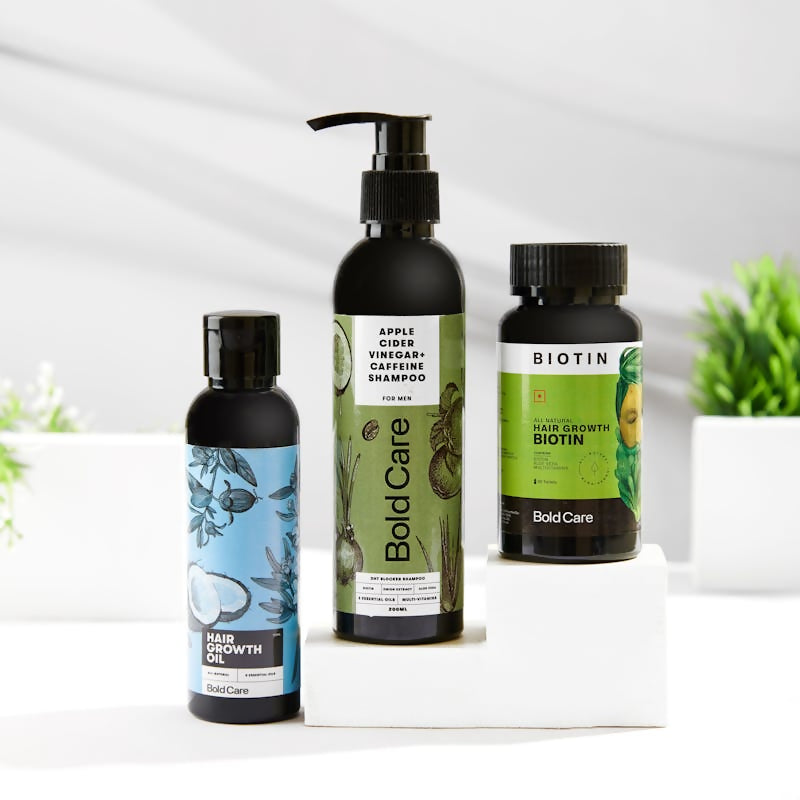 Bold Care DHT Blocker Shampoo + Hair Growth Oil + Biotin Supplements Combo