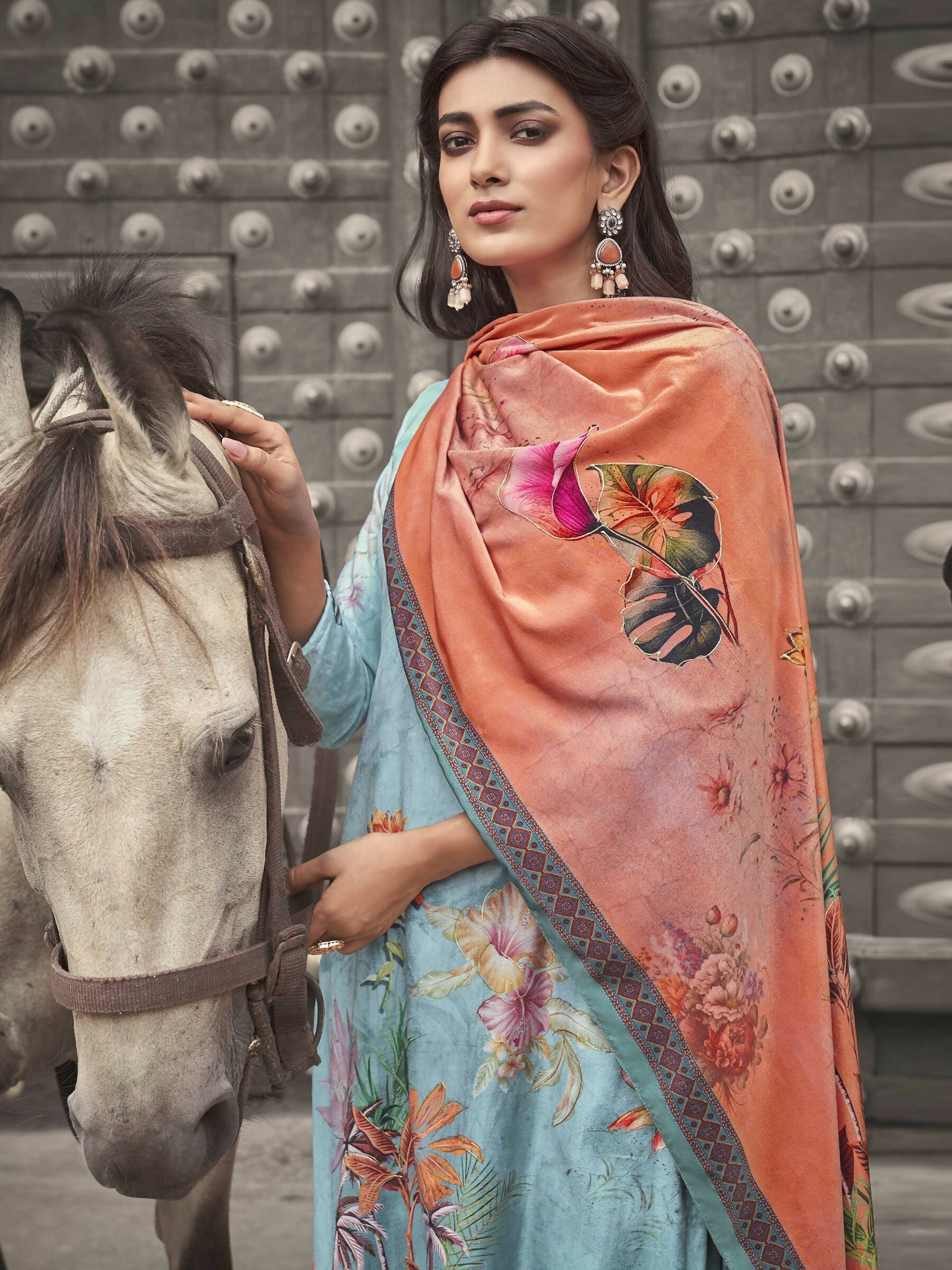 Jyoti Fashion Women's Sky Blue Velvet Floral Digital Printed Kurta with Trouser & Dupatta