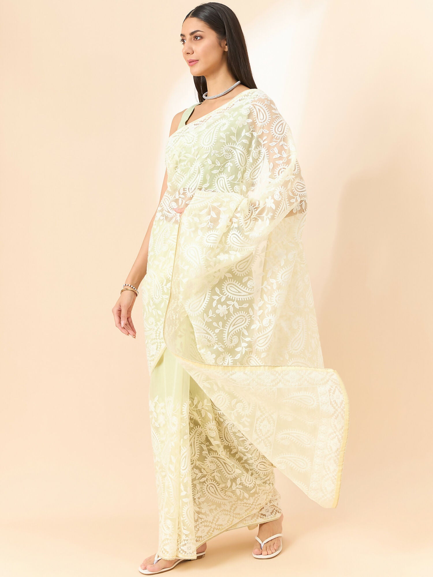 Yellow Organza Paisely Embroidered Saree with Unstitched Blouse Piece - Roozal