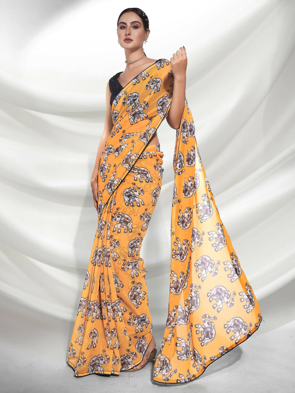 Yellow Georgette Animal Printed Saree With Unstitched Blouse Piece - Rajal