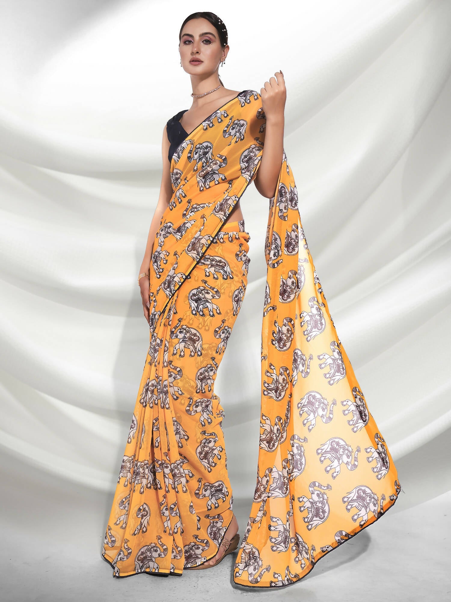 Yellow Georgette Animal Printed Saree With Unstitched Blouse Piece - Rajal