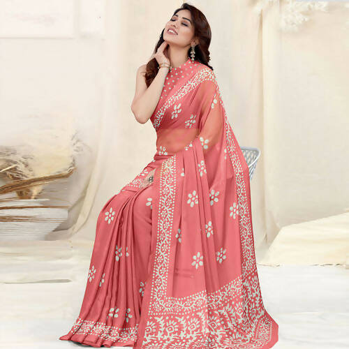 Women's Partywear Designer Peach Chinon Shiffon Fancy Saree - Dyuti