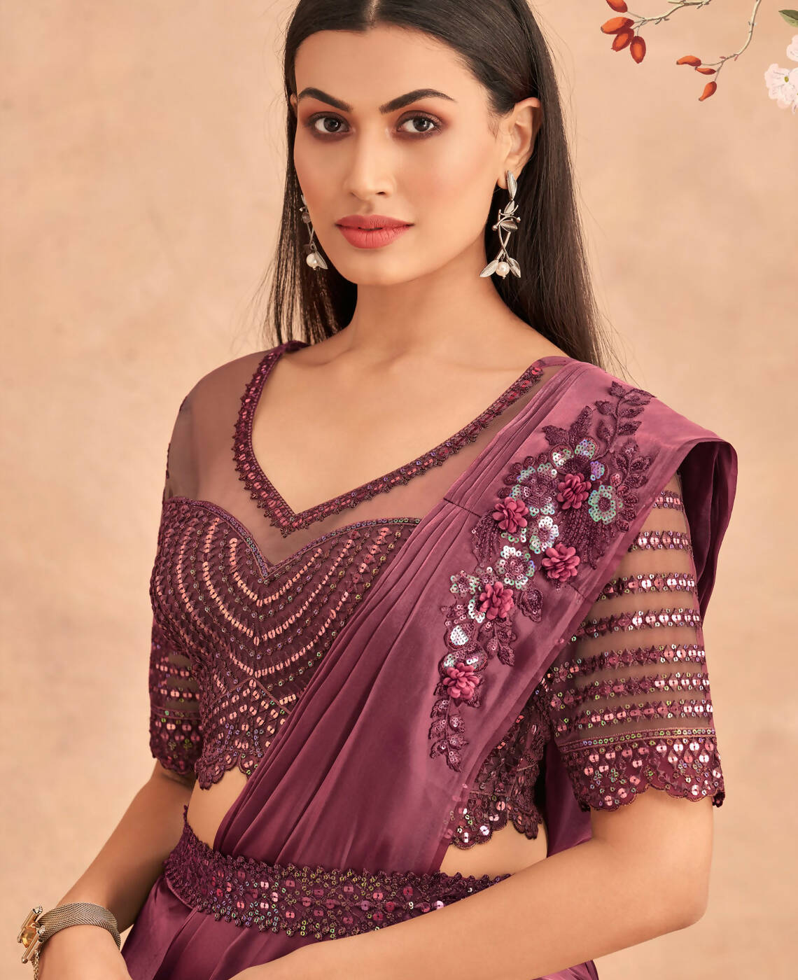 Wine Satin Embroidered Ready To Wear Saree With Unstitched Blouse Piece - Nandika