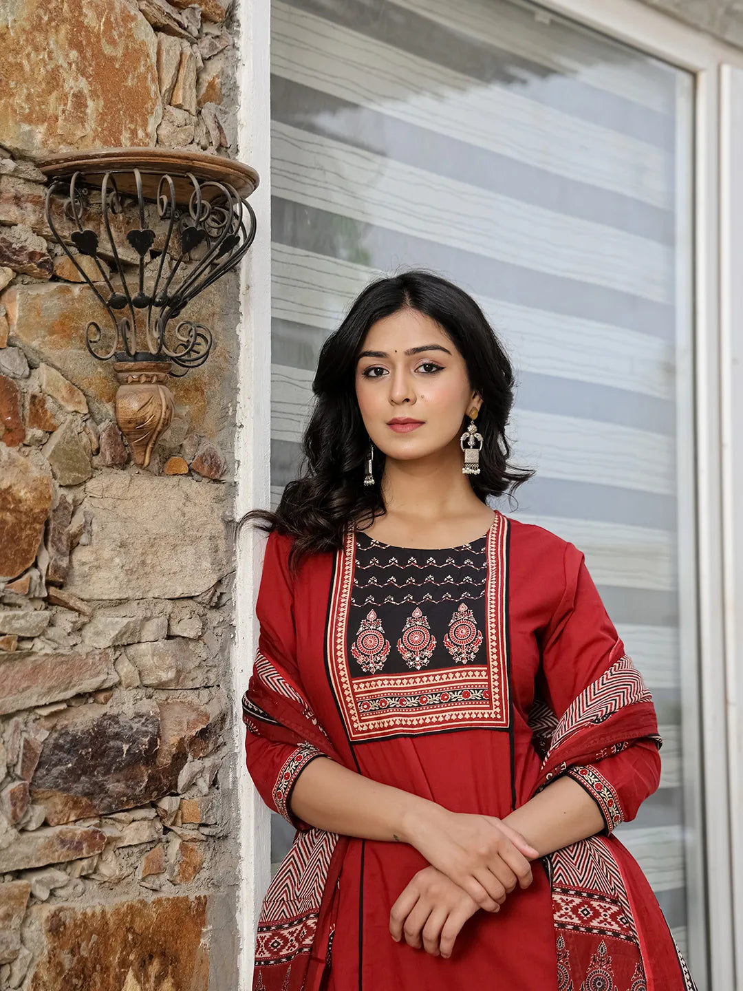 Yufta Maroon Cotton A Line Kurta Dupatta Set