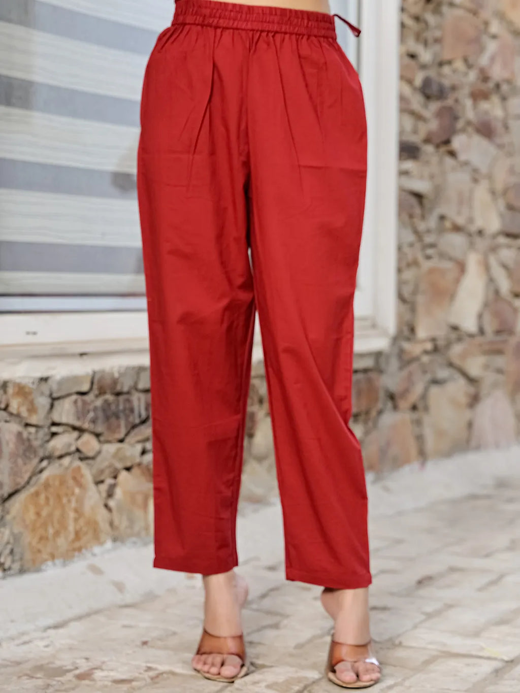 Yufta Maroon Cotton A Line Kurta Dupatta Set