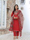 Yufta Maroon Cotton Mandarin Collar Kurta Dupatta Set