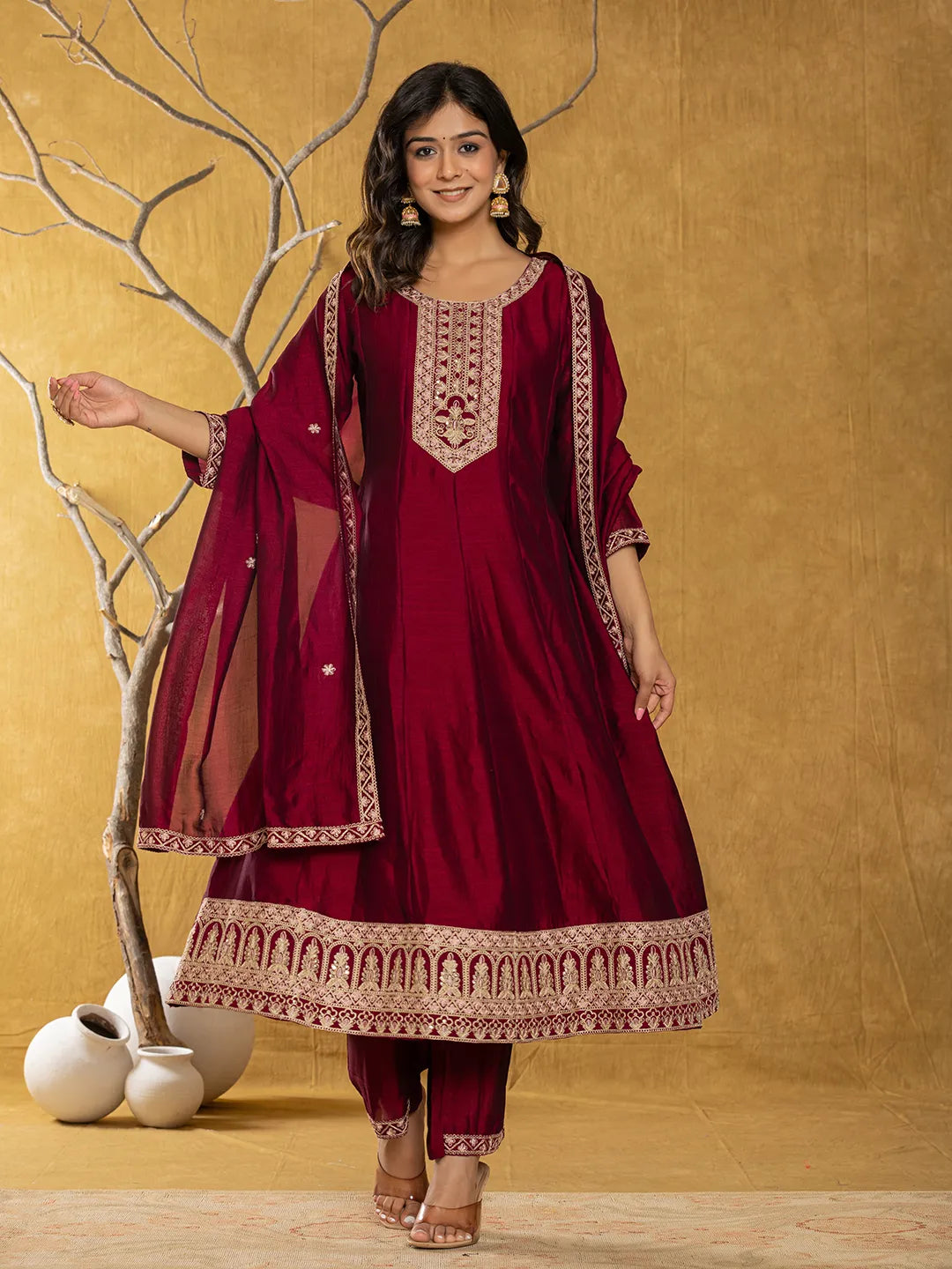 Yufta Maroon Embroidered Anarkali Kurta Dupatta Set With Cotton Lining