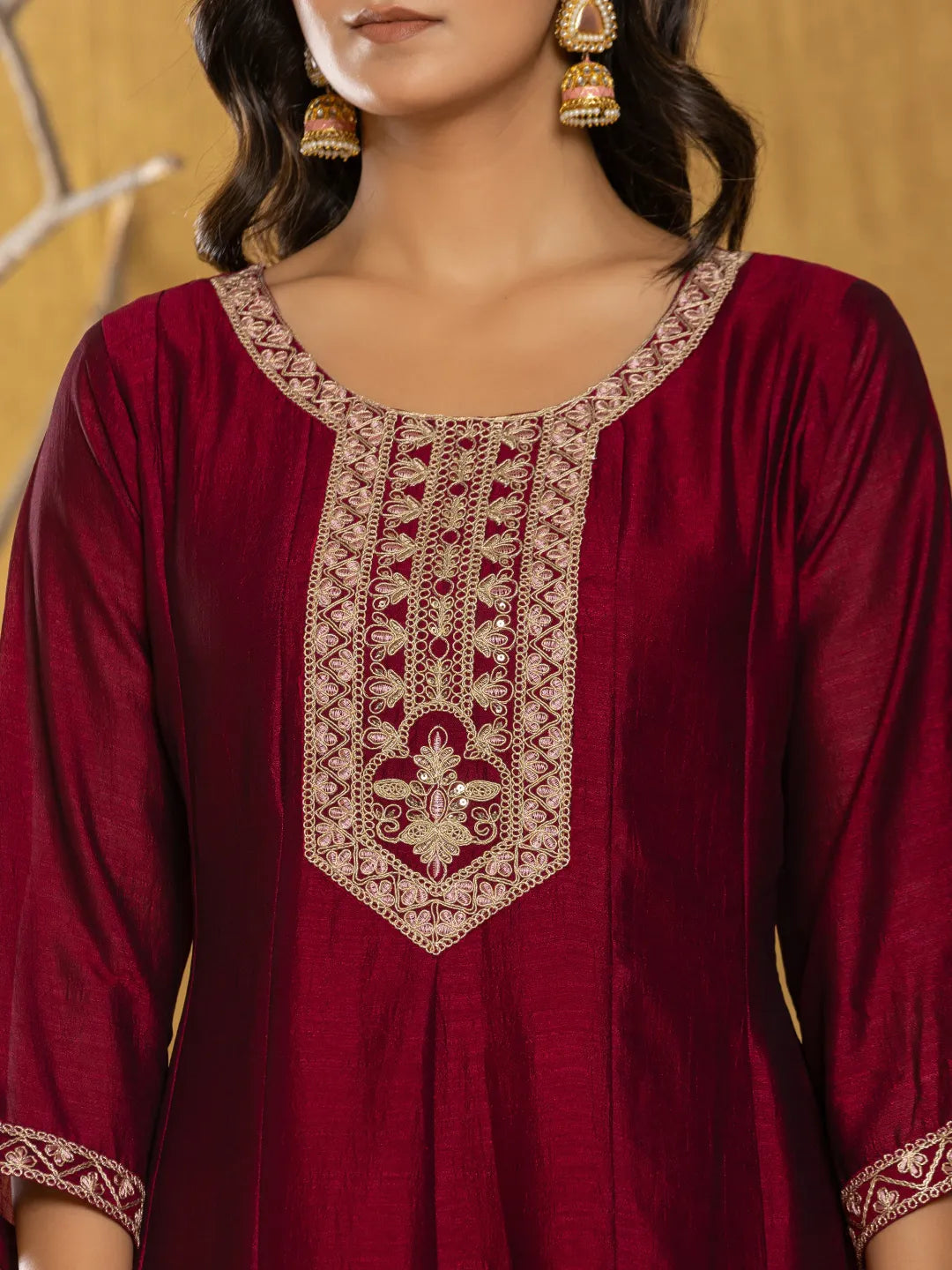 Yufta Maroon Embroidered Anarkali Kurta Dupatta Set With Cotton Lining