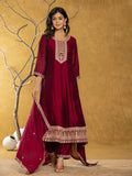 Yufta Maroon Embroidered Anarkali Kurta Dupatta Set With Cotton Lining