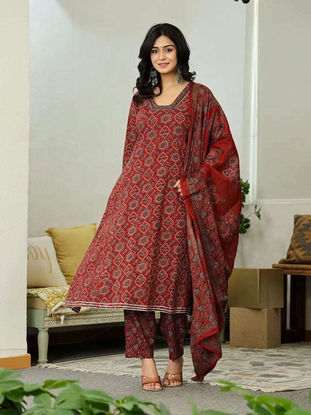 Yufta Maroon Ethnic Motifs A-Line Kurta Trouser Dupatta Set With Bucket Neck